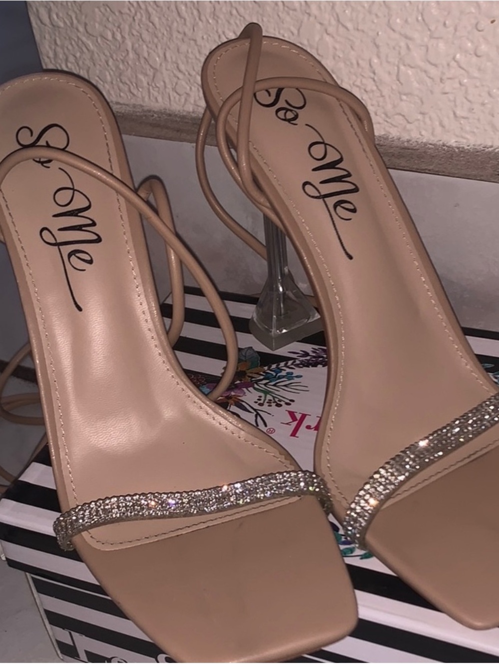 Women's Nude Strappy Sandals with Rhinestone Strap